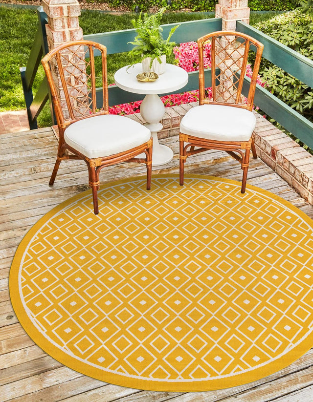Yellow 7' 1 x 7' 1 Outdoor Trellis Round Area Rug Weather Resistant for Patio, Deck, Terrace, Balcony, Porch Geometric Design Water Safe Outside Carpet for Sale at Rug Engine