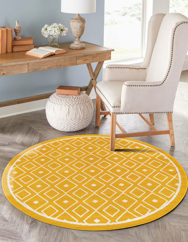 Yellow 7' 1 x 7' 1 Outdoor Trellis Round Area Rug Weather Resistant for Patio, Deck, Terrace, Balcony, Porch Geometric Design Water Safe Outside Carpet for Sale at Rug Engine