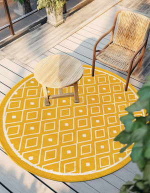 Yellow 7' 1 x 7' 1 Outdoor Trellis Round Area Rug Weather Resistant for Patio, Deck, Terrace, Balcony, Porch Geometric Design Water Safe Outside Carpet for Sale at Rug Engine