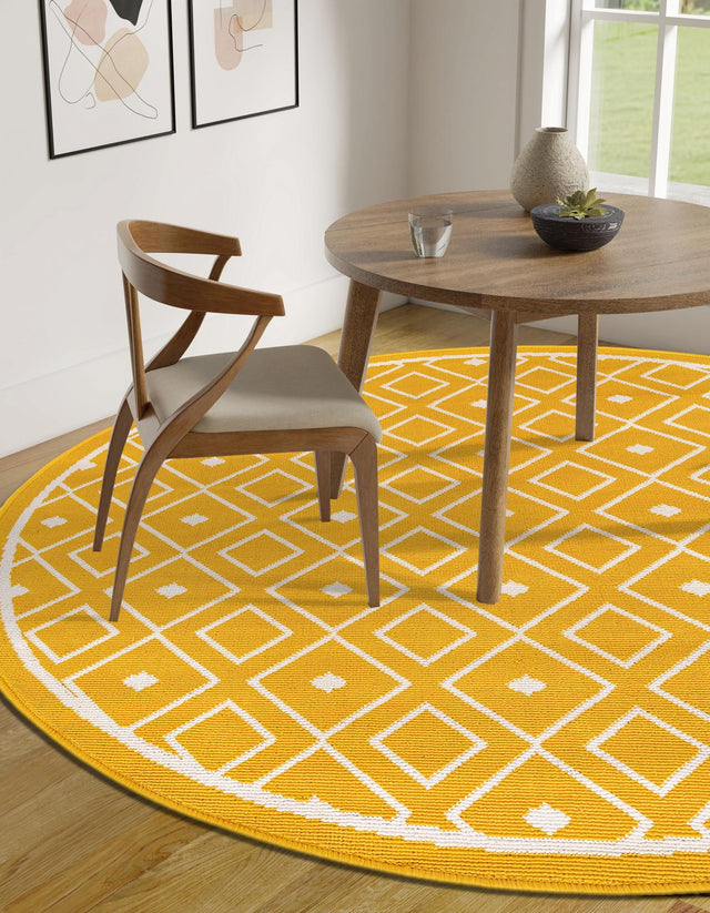 Yellow 4' 1 x 4' 1 Outdoor Trellis Round Area Rug Weather Resistant for Patio, Deck, Terrace, Balcony, Porch Geometric Design Water Safe Outside Carpet for Sale at Rug Engine