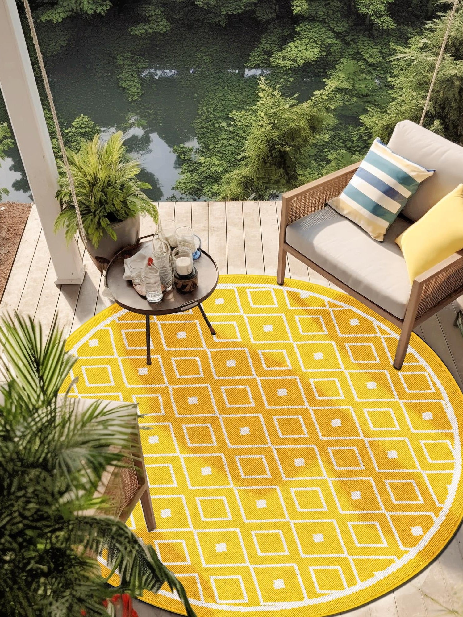 Yellow 7' 1 x 7' 1 Outdoor Trellis Round Area Rug Weather Resistant for Patio, Deck, Terrace, Balcony, Porch Geometric Design Water Safe Outside Carpet for Sale at Rug Engine