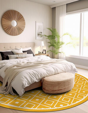 Yellow 4' 1 x 4' 1 Outdoor Trellis Round Area Rug Weather Resistant for Patio, Deck, Terrace, Balcony, Porch Geometric Design Water Safe Outside Carpet for Sale at Rug Engine