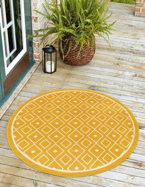 Yellow 4' 1 x 4' 1 Outdoor Trellis Round Area Rug Weather Resistant for Patio, Deck, Terrace, Balcony, Porch Geometric Design Water Safe Outside Carpet for Sale at Rug Engine