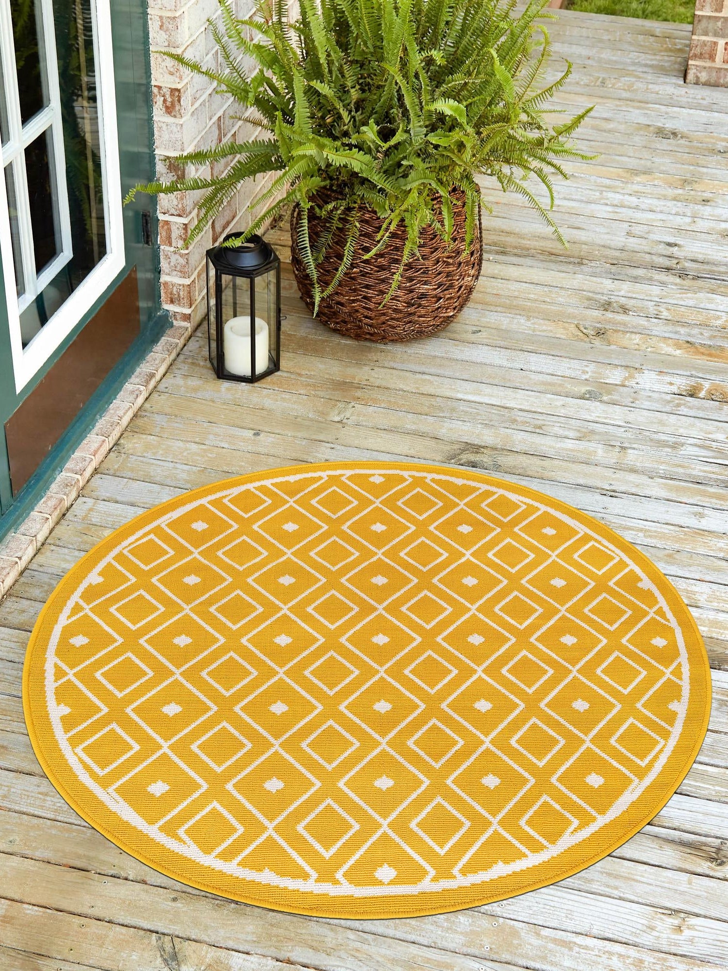 Yellow 7' 1 x 7' 1 Outdoor Trellis Round Area Rug Weather Resistant for Patio, Deck, Terrace, Balcony, Porch Geometric Design Water Safe Outside Carpet for Sale at Rug Engine