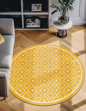Yellow 7' 1 x 7' 1 Outdoor Trellis Round Area Rug Weather Resistant for Patio, Deck, Terrace, Balcony, Porch Geometric Design Water Safe Outside Carpet for Sale at Rug Engine