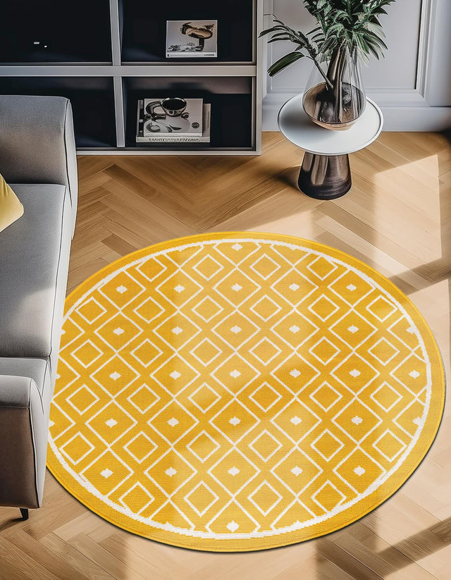 Yellow 7' 1 x 7' 1 Outdoor Trellis Round Area Rug Weather Resistant for Patio, Deck, Terrace, Balcony, Porch Geometric Design Water Safe Outside Carpet for Sale at Rug Engine