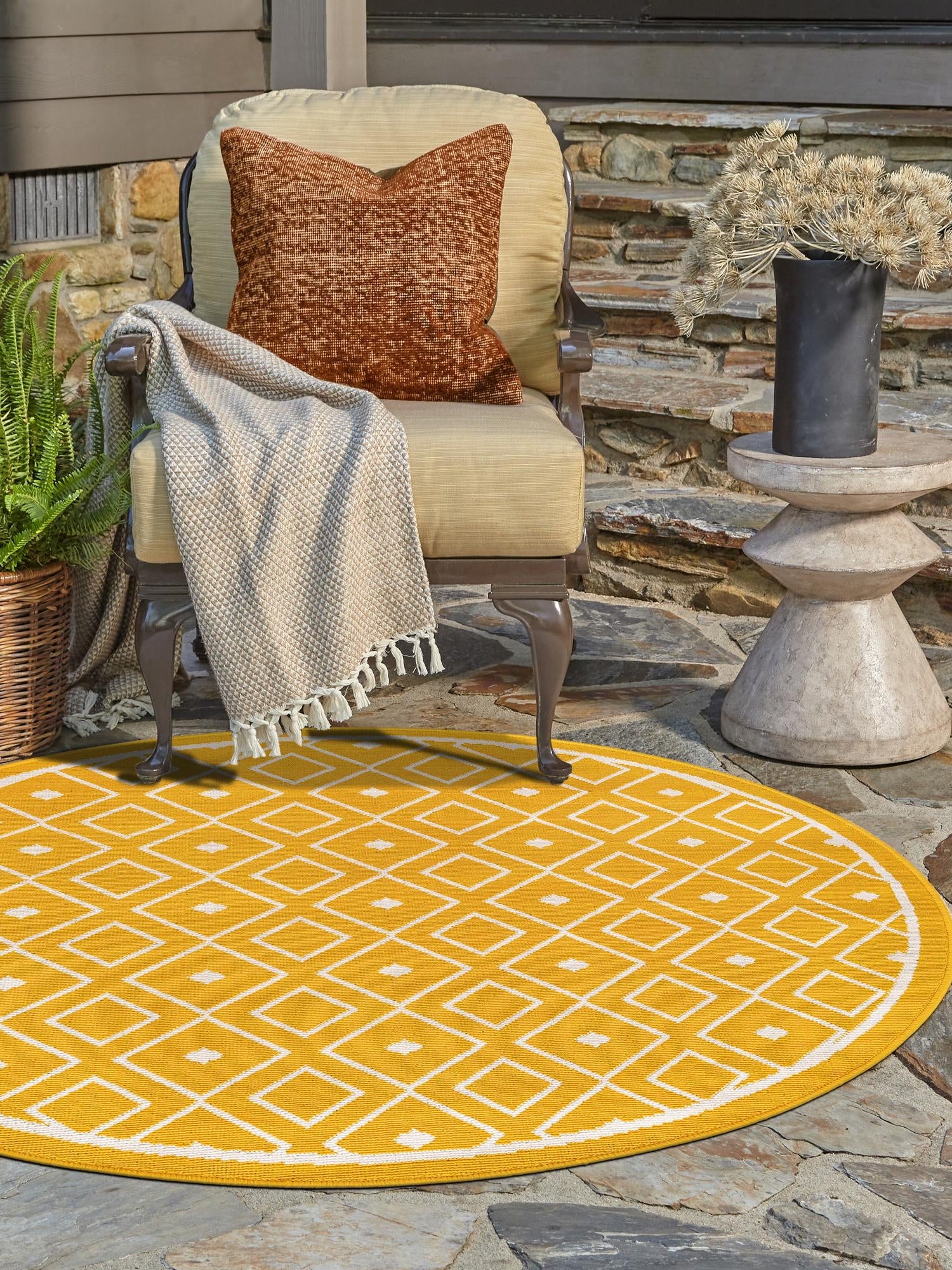 Yellow 4' 1 x 4' 1 Outdoor Trellis Round Area Rug Weather Resistant for Patio, Deck, Terrace, Balcony, Porch Geometric Design Water Safe Outside Carpet for Sale at Rug Engine
