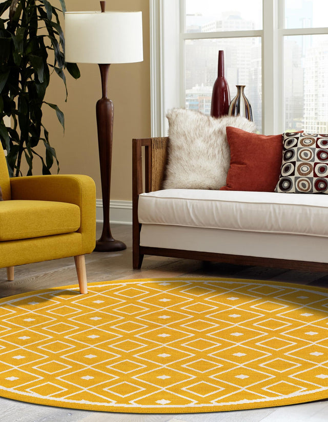 Yellow 7' 1 x 7' 1 Outdoor Trellis Round Area Rug Weather Resistant for Patio, Deck, Terrace, Balcony, Porch Geometric Design Water Safe Outside Carpet for Sale at Rug Engine