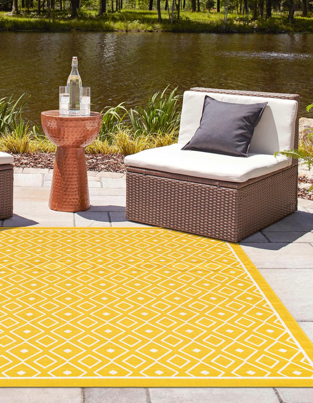Yellow 8' x 8' Outdoor Trellis Square Area Rug Weather Resistant for Patio, Deck, Terrace, Balcony, Porch Geometric Design Water Safe Outside Carpet for Sale at Rug Engine