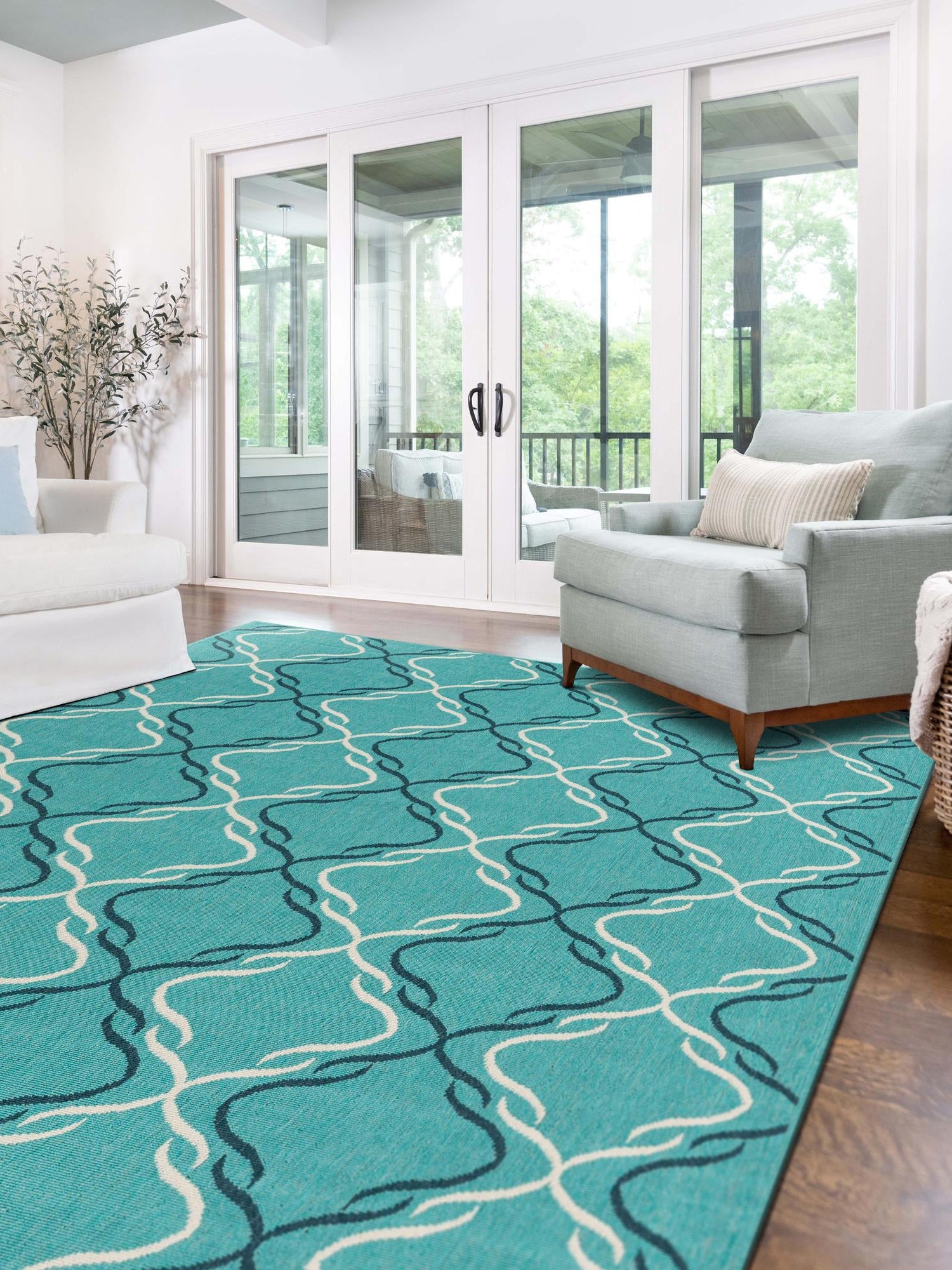 Teal 5' 3 x 8' Outdoor Trellis Rectangle Area Rug Weather Resistant for Patio, Deck, Terrace, Balcony, Porch Geometric Design Water Safe Outside Carpet for Sale at Rug Engine