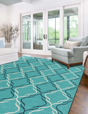 Teal 5' 3 x 8' Outdoor Trellis Rectangle Area Rug Weather Resistant for Patio, Deck, Terrace, Balcony, Porch Geometric Design Water Safe Outside Carpet for Sale at Rug Engine