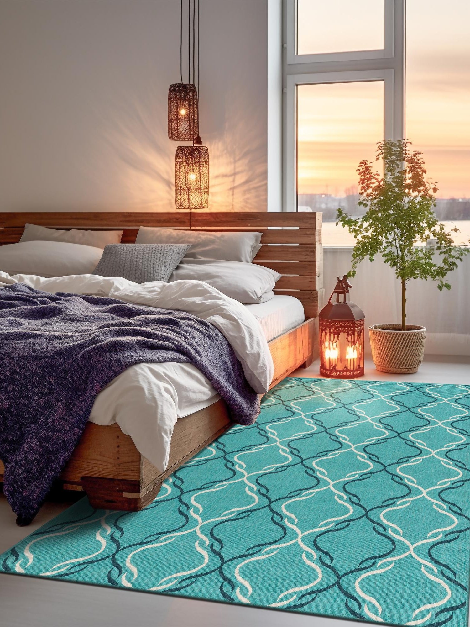 Teal 9' x 12' Outdoor Trellis Rectangle Area Rug Weather Resistant for Patio, Deck, Terrace, Balcony, Porch Geometric Design Water Safe Outside Carpet for Sale at Rug Engine