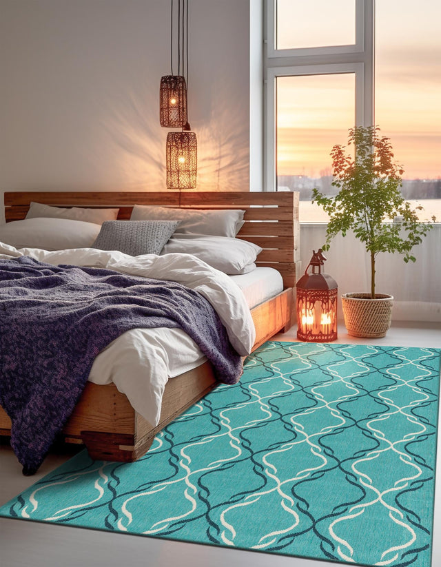 Teal 5' 3 x 8' Outdoor Trellis Rectangle Area Rug Weather Resistant for Patio, Deck, Terrace, Balcony, Porch Geometric Design Water Safe Outside Carpet for Sale at Rug Engine