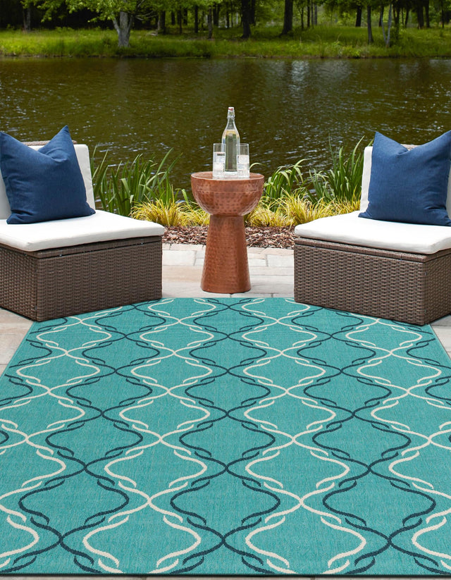 Teal 9' x 12' Outdoor Trellis Rectangle Area Rug Weather Resistant for Patio, Deck, Terrace, Balcony, Porch Geometric Design Water Safe Outside Carpet for Sale at Rug Engine