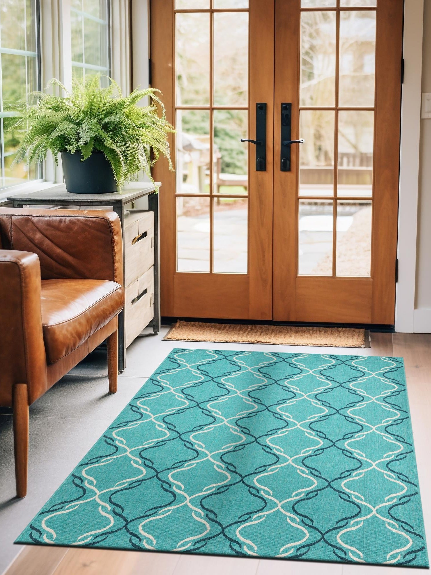 Teal 9' x 12' Outdoor Trellis Rectangle Area Rug Weather Resistant for Patio, Deck, Terrace, Balcony, Porch Geometric Design Water Safe Outside Carpet for Sale at Rug Engine