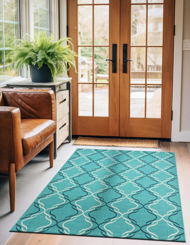 Teal 5' 3 x 8' Outdoor Trellis Rectangle Area Rug Weather Resistant for Patio, Deck, Terrace, Balcony, Porch Geometric Design Water Safe Outside Carpet for Sale at Rug Engine