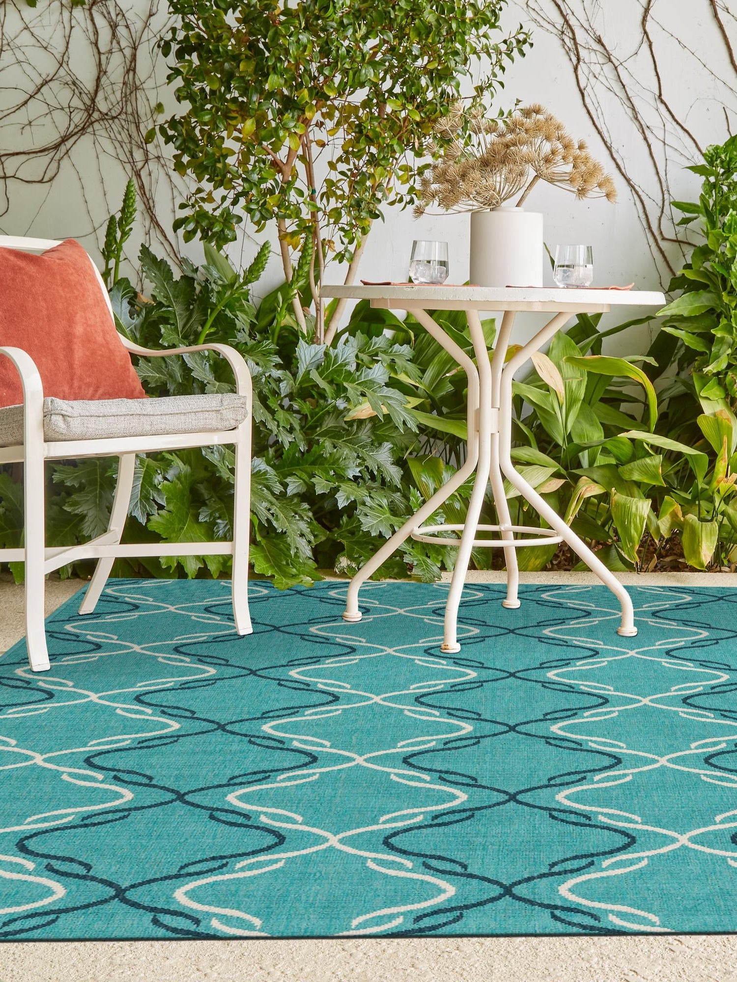 Teal 8' x 10' Outdoor Trellis Rectangle Area Rug Weather Resistant for Patio, Deck, Terrace, Balcony, Porch Geometric Design Water Safe Outside Carpet for Sale at Rug Engine