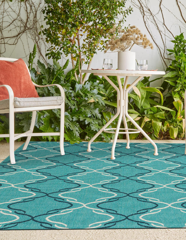 Teal 9' x 12' Outdoor Trellis Rectangle Area Rug Weather Resistant for Patio, Deck, Terrace, Balcony, Porch Geometric Design Water Safe Outside Carpet for Sale at Rug Engine
