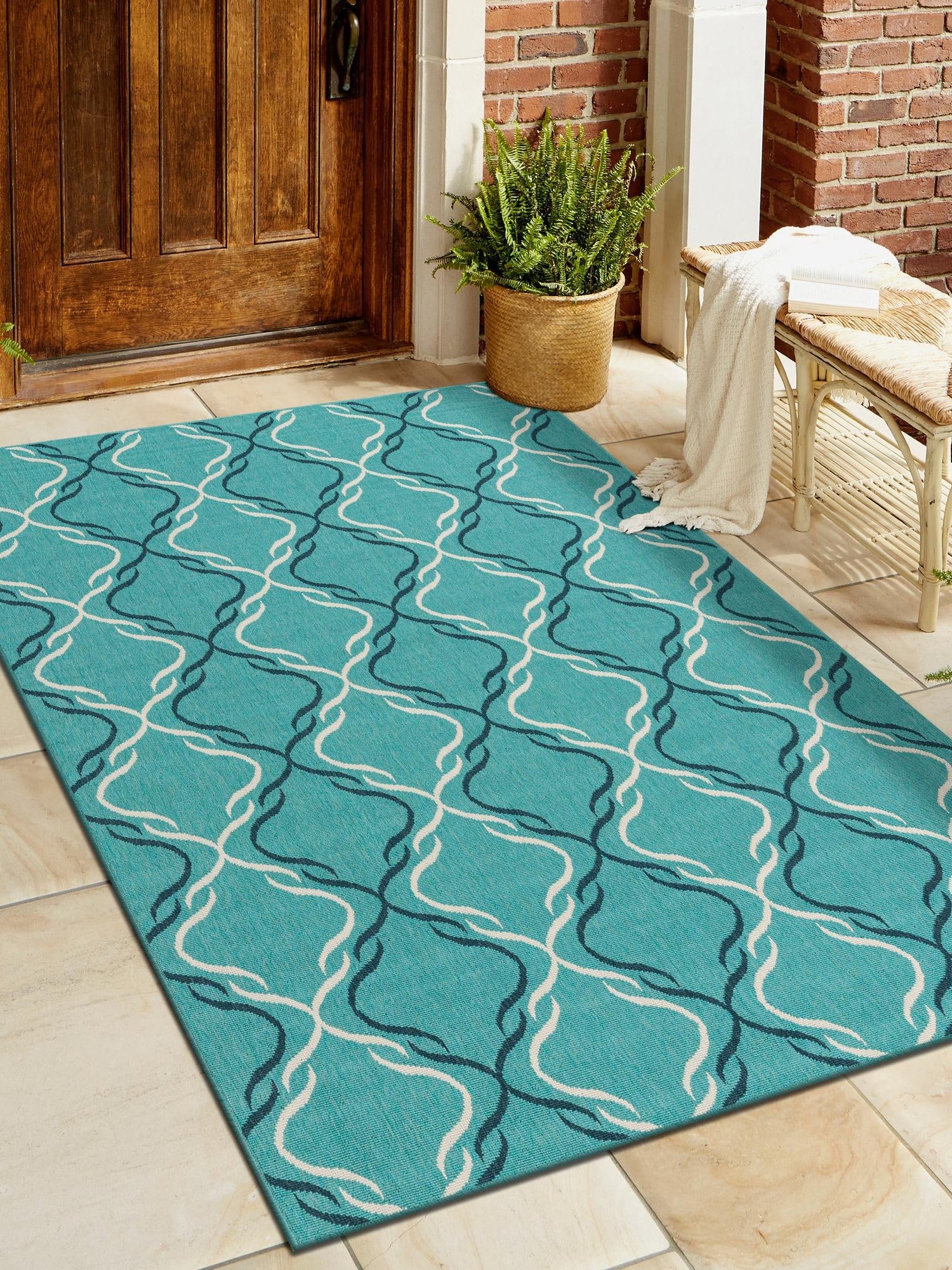 Teal 9' x 12' Outdoor Trellis Rectangle Area Rug Weather Resistant for Patio, Deck, Terrace, Balcony, Porch Geometric Design Water Safe Outside Carpet for Sale at Rug Engine