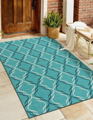 Teal 9' x 12' Outdoor Trellis Rectangle Area Rug Weather Resistant for Patio, Deck, Terrace, Balcony, Porch Geometric Design Water Safe Outside Carpet for Sale at Rug Engine