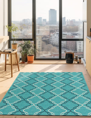 Teal 9' x 12' Outdoor Trellis Rectangle Area Rug Weather Resistant for Patio, Deck, Terrace, Balcony, Porch Geometric Design Water Safe Outside Carpet for Sale at Rug Engine