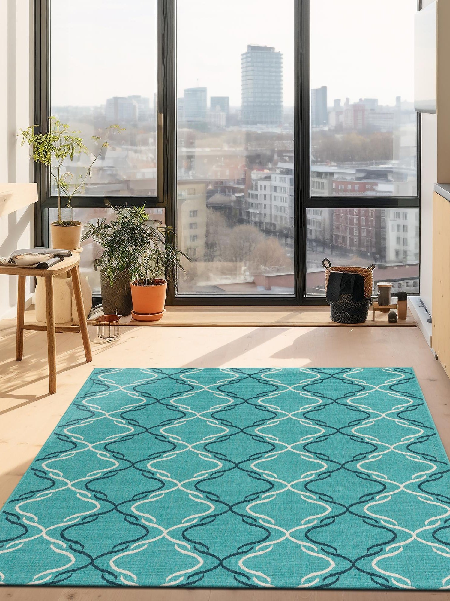 Teal 5' 3 x 8' Outdoor Trellis Rectangle Area Rug Weather Resistant for Patio, Deck, Terrace, Balcony, Porch Geometric Design Water Safe Outside Carpet for Sale at Rug Engine