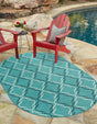 Teal 7' 10 x 10' Outdoor Trellis Oval Area Rug Weather Resistant for Patio, Deck, Terrace, Balcony, Porch Geometric Design Water Safe Outside Carpet for Sale at Rug Engine