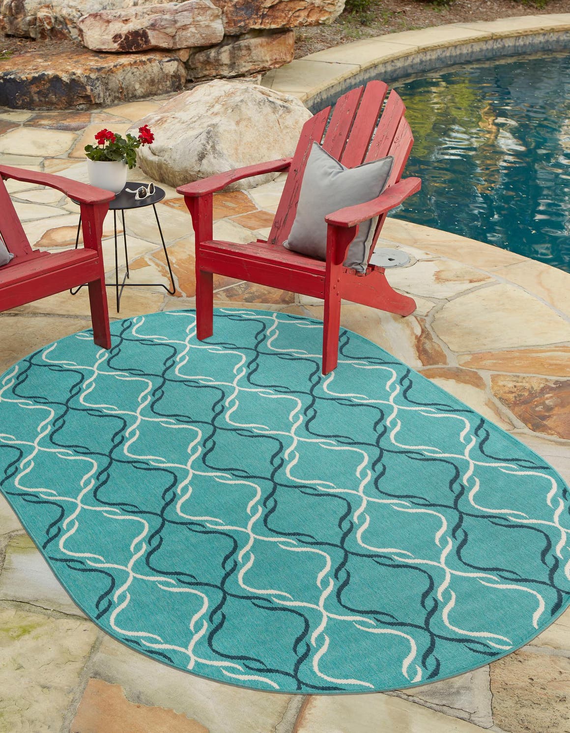Teal 5' 3 x 8' Outdoor Trellis Oval Area Rug Weather Resistant for Patio, Deck, Terrace, Balcony, Porch Geometric Design Water Safe Outside Carpet for Sale at Rug Engine