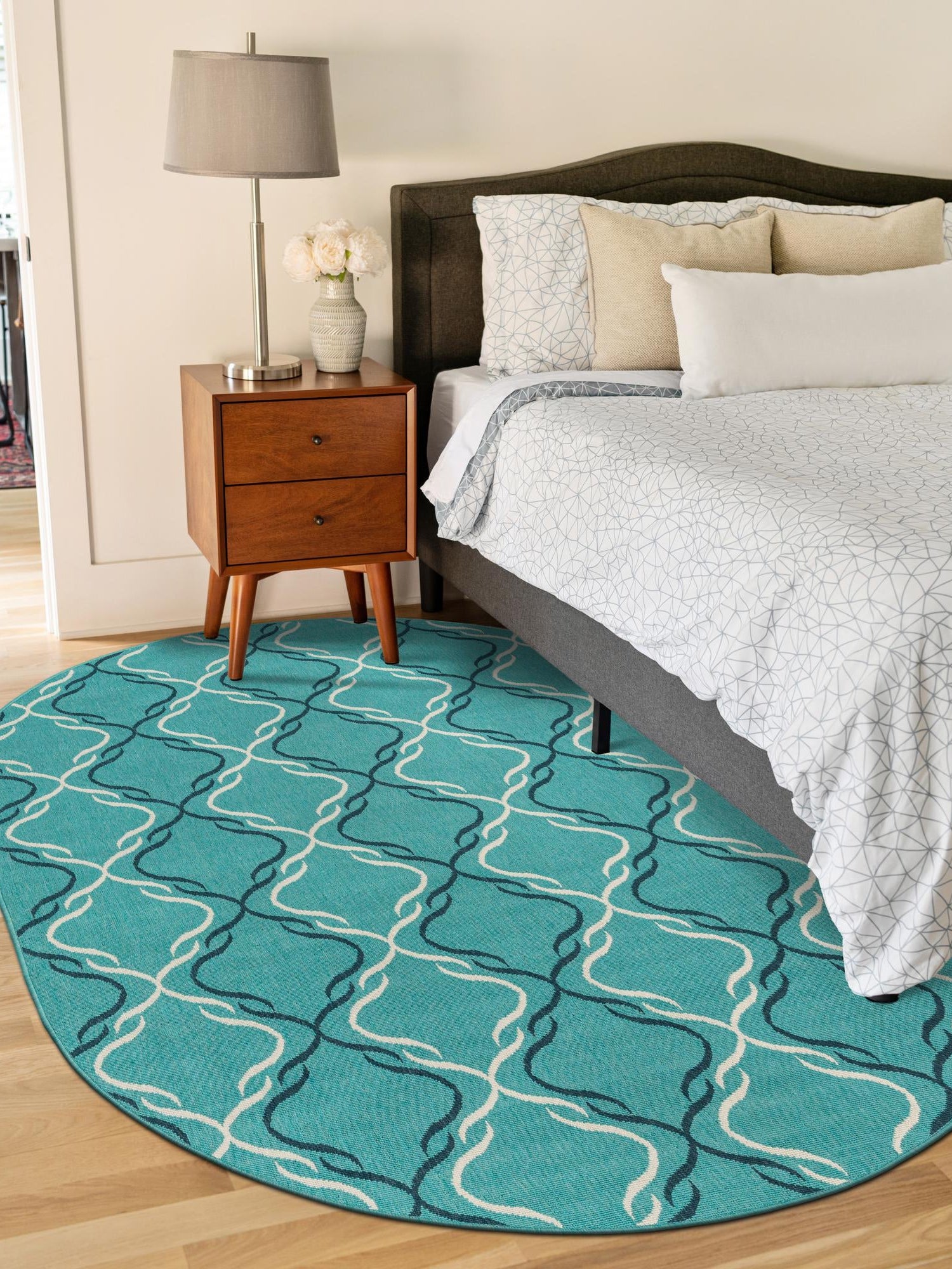 Teal 7' 10 x 10' Outdoor Trellis Oval Area Rug Weather Resistant for Patio, Deck, Terrace, Balcony, Porch Geometric Design Water Safe Outside Carpet for Sale at Rug Engine