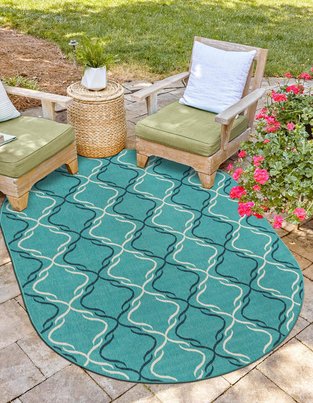 Teal 5' 3 x 8' Outdoor Trellis Oval Area Rug Weather Resistant for Patio, Deck, Terrace, Balcony, Porch Geometric Design Water Safe Outside Carpet for Sale at Rug Engine