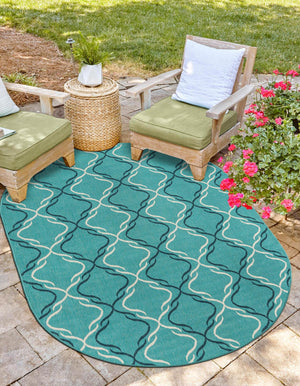 Teal 7' 10 x 10' Outdoor Trellis Oval Area Rug Weather Resistant for Patio, Deck, Terrace, Balcony, Porch Geometric Design Water Safe Outside Carpet for Sale at Rug Engine
