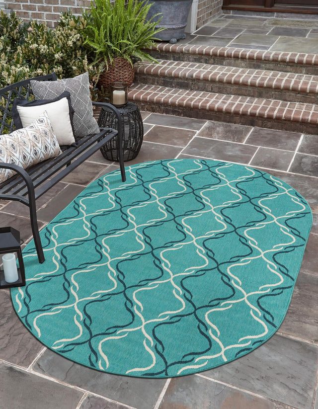 Teal 7' 10 x 10' Outdoor Trellis Oval Area Rug Weather Resistant for Patio, Deck, Terrace, Balcony, Porch Geometric Design Water Safe Outside Carpet for Sale at Rug Engine