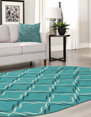 Teal 5' 3 x 8' Outdoor Trellis Oval Area Rug Weather Resistant for Patio, Deck, Terrace, Balcony, Porch Geometric Design Water Safe Outside Carpet for Sale at Rug Engine