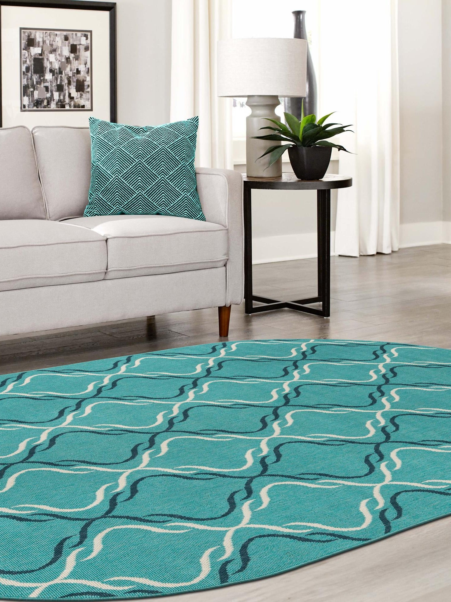Teal 7' 10 x 10' Outdoor Trellis Oval Area Rug Weather Resistant for Patio, Deck, Terrace, Balcony, Porch Geometric Design Water Safe Outside Carpet for Sale at Rug Engine