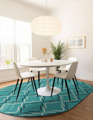 Teal 5' 3 x 8' Outdoor Trellis Oval Area Rug Weather Resistant for Patio, Deck, Terrace, Balcony, Porch Geometric Design Water Safe Outside Carpet for Sale at Rug Engine