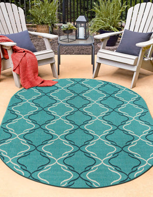 Teal 5' 3 x 8' Outdoor Trellis Oval Area Rug Weather Resistant for Patio, Deck, Terrace, Balcony, Porch Geometric Design Water Safe Outside Carpet for Sale at Rug Engine