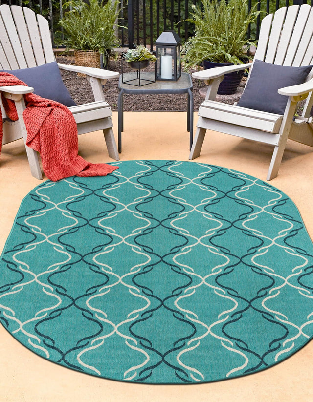 Teal 5' 3 x 8' Outdoor Trellis Oval Area Rug Weather Resistant for Patio, Deck, Terrace, Balcony, Porch Geometric Design Water Safe Outside Carpet for Sale at Rug Engine