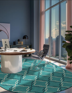Teal 5' 3 x 8' Outdoor Trellis Oval Area Rug Weather Resistant for Patio, Deck, Terrace, Balcony, Porch Geometric Design Water Safe Outside Carpet for Sale at Rug Engine