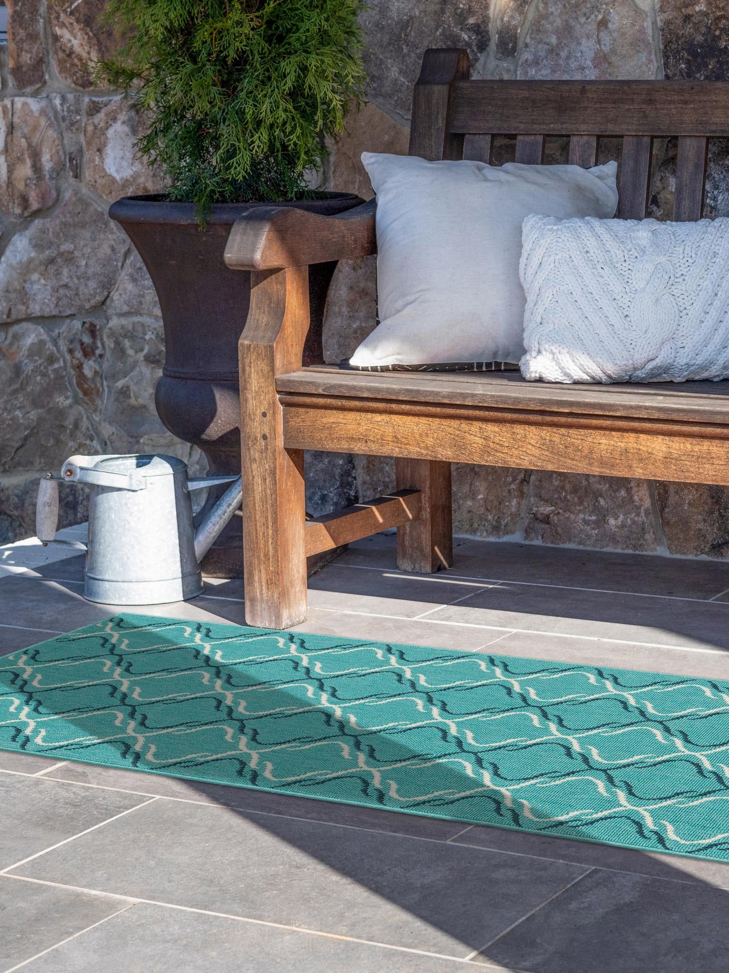 Teal 2' x 8' Outdoor Trellis Runner Area Rug Weather Resistant for Patio, Deck, Terrace, Balcony, Porch Geometric Design Water Safe Outside Carpet for Sale at Rug Engine