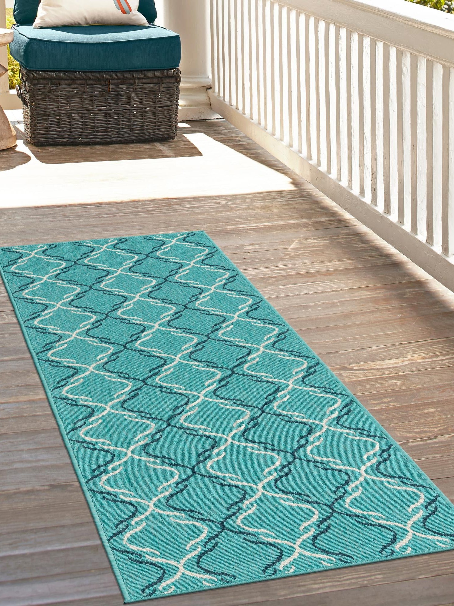 Teal 2' x 8' Outdoor Trellis Runner Area Rug Weather Resistant for Patio, Deck, Terrace, Balcony, Porch Geometric Design Water Safe Outside Carpet for Sale at Rug Engine