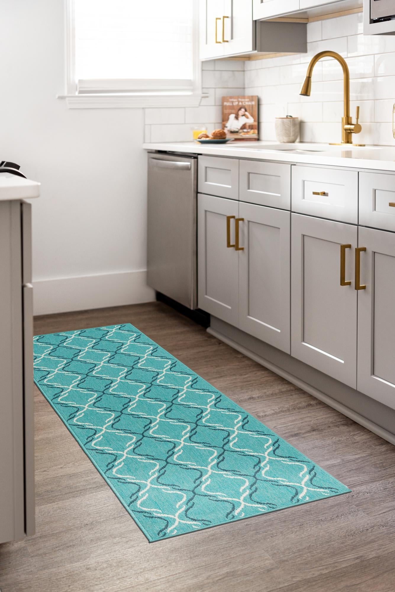 Teal 2' x 6' 1 Outdoor Trellis Runner Area Rug Weather Resistant for Patio, Deck, Terrace, Balcony, Porch Geometric Design Water Safe Outside Carpet for Sale at Rug Engine