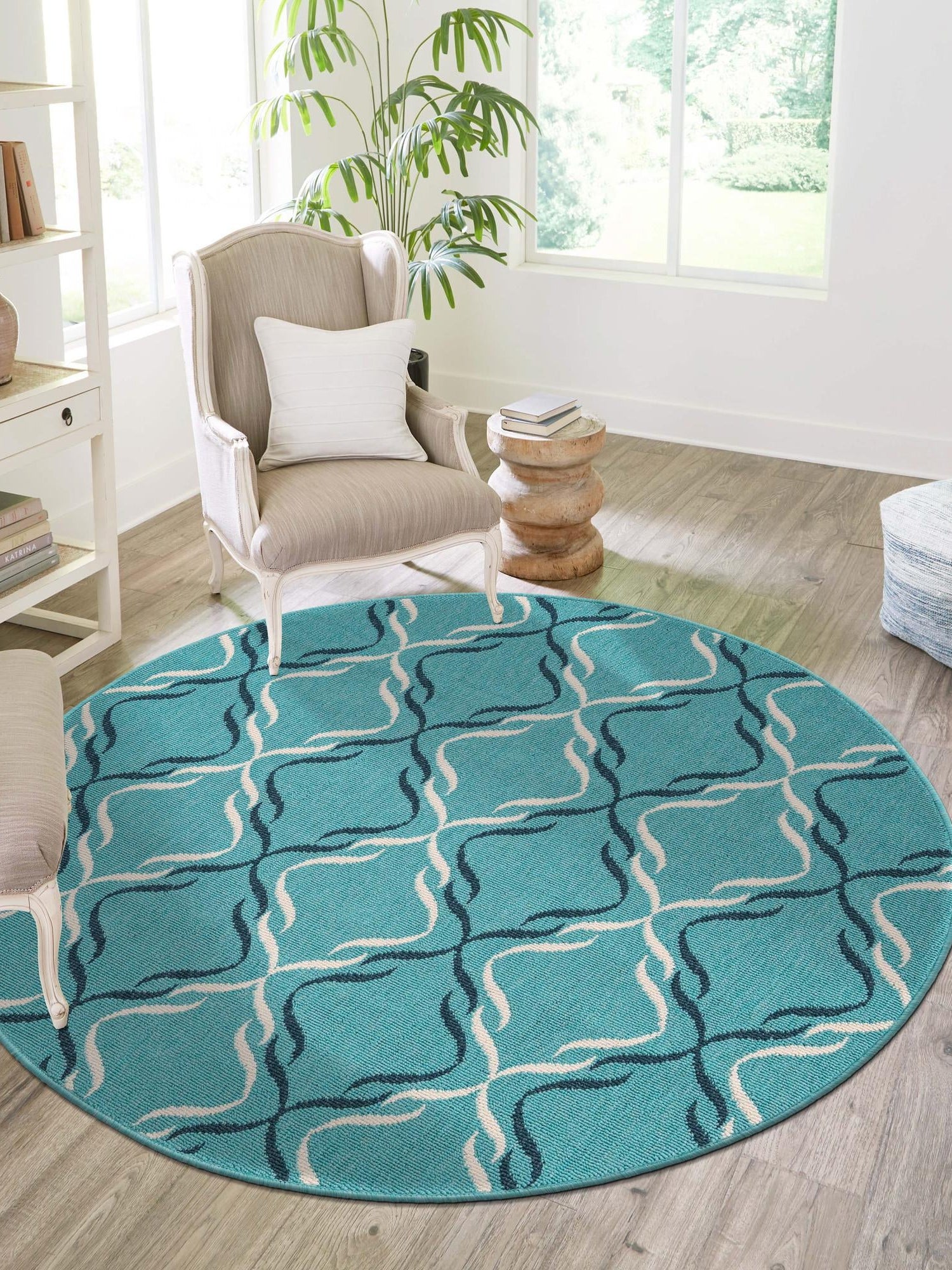 Teal 7' 1 x 7' 1 Outdoor Trellis Round Area Rug Weather Resistant for Patio, Deck, Terrace, Balcony, Porch Geometric Design Water Safe Outside Carpet for Sale at Rug Engine