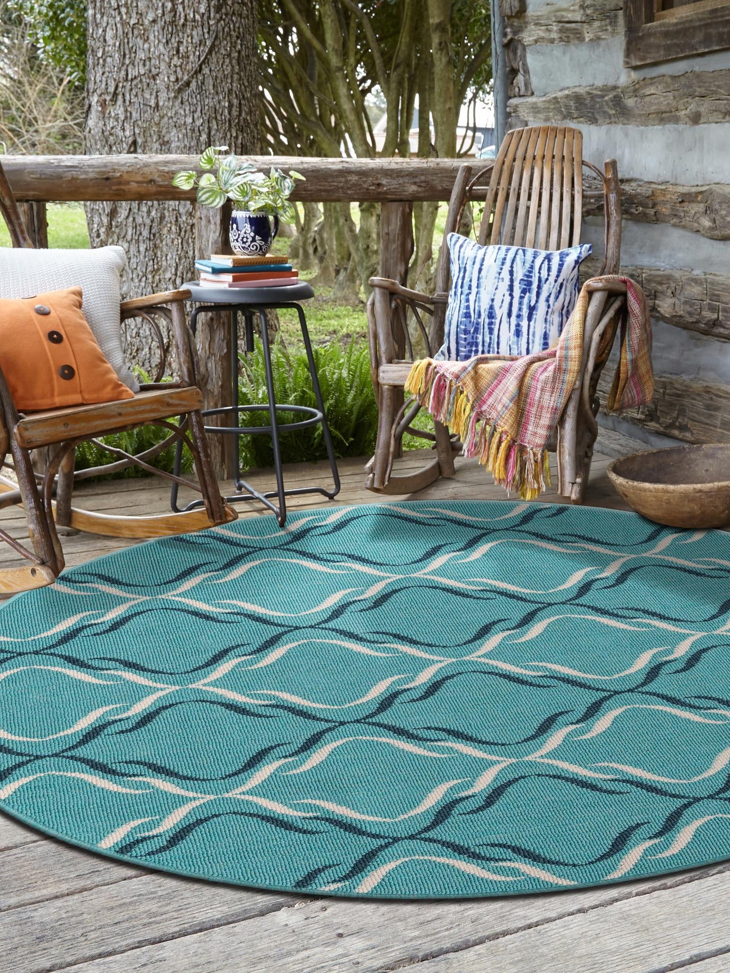 Teal 7' 1 x 7' 1 Outdoor Trellis Round Area Rug Weather Resistant for Patio, Deck, Terrace, Balcony, Porch Geometric Design Water Safe Outside Carpet for Sale at Rug Engine