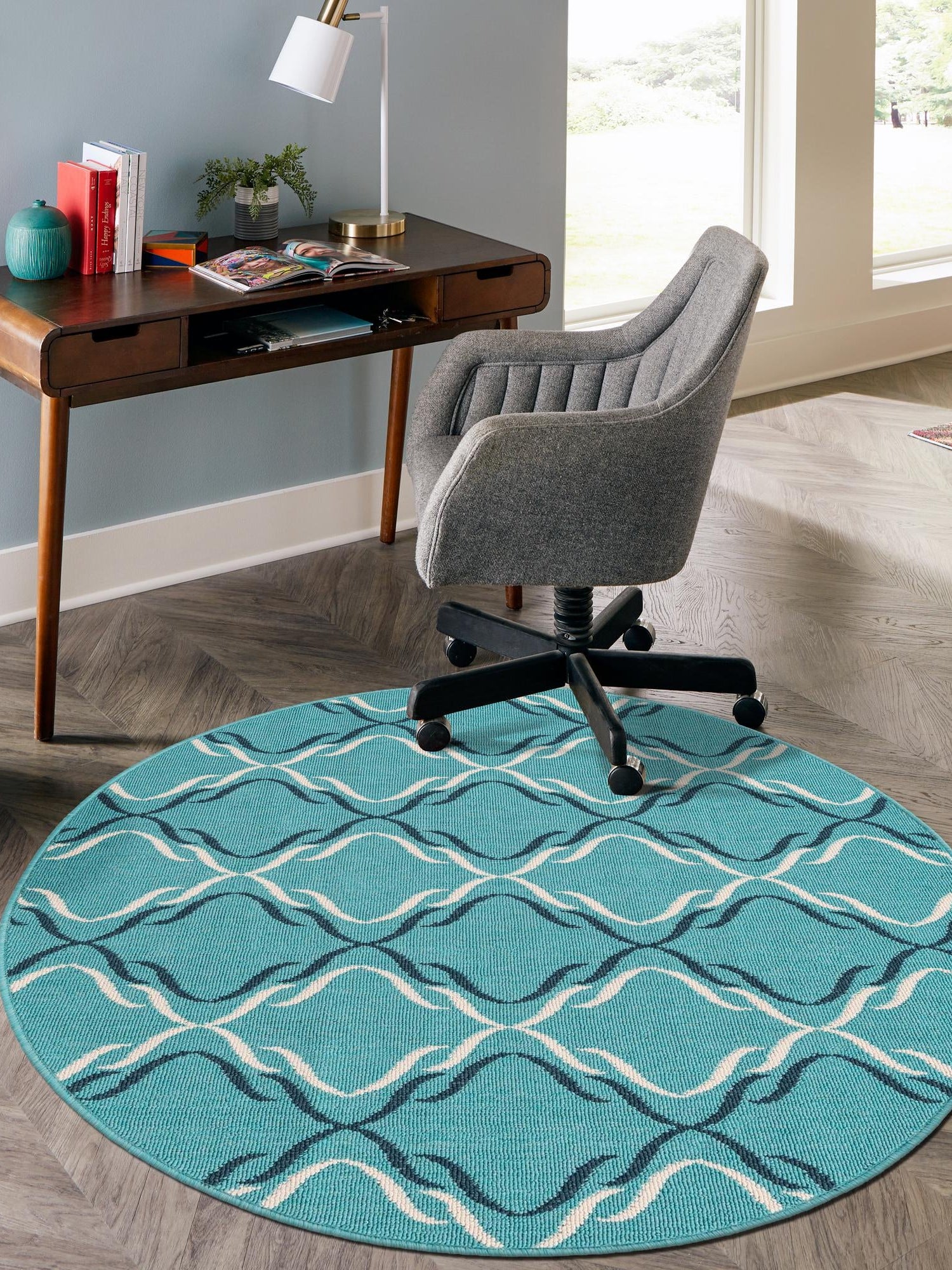 Teal 7' 1 x 7' 1 Outdoor Trellis Round Area Rug Weather Resistant for Patio, Deck, Terrace, Balcony, Porch Geometric Design Water Safe Outside Carpet for Sale at Rug Engine