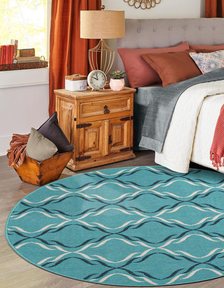 Teal 7' 1 x 7' 1 Outdoor Trellis Round Area Rug Weather Resistant for Patio, Deck, Terrace, Balcony, Porch Geometric Design Water Safe Outside Carpet for Sale at Rug Engine