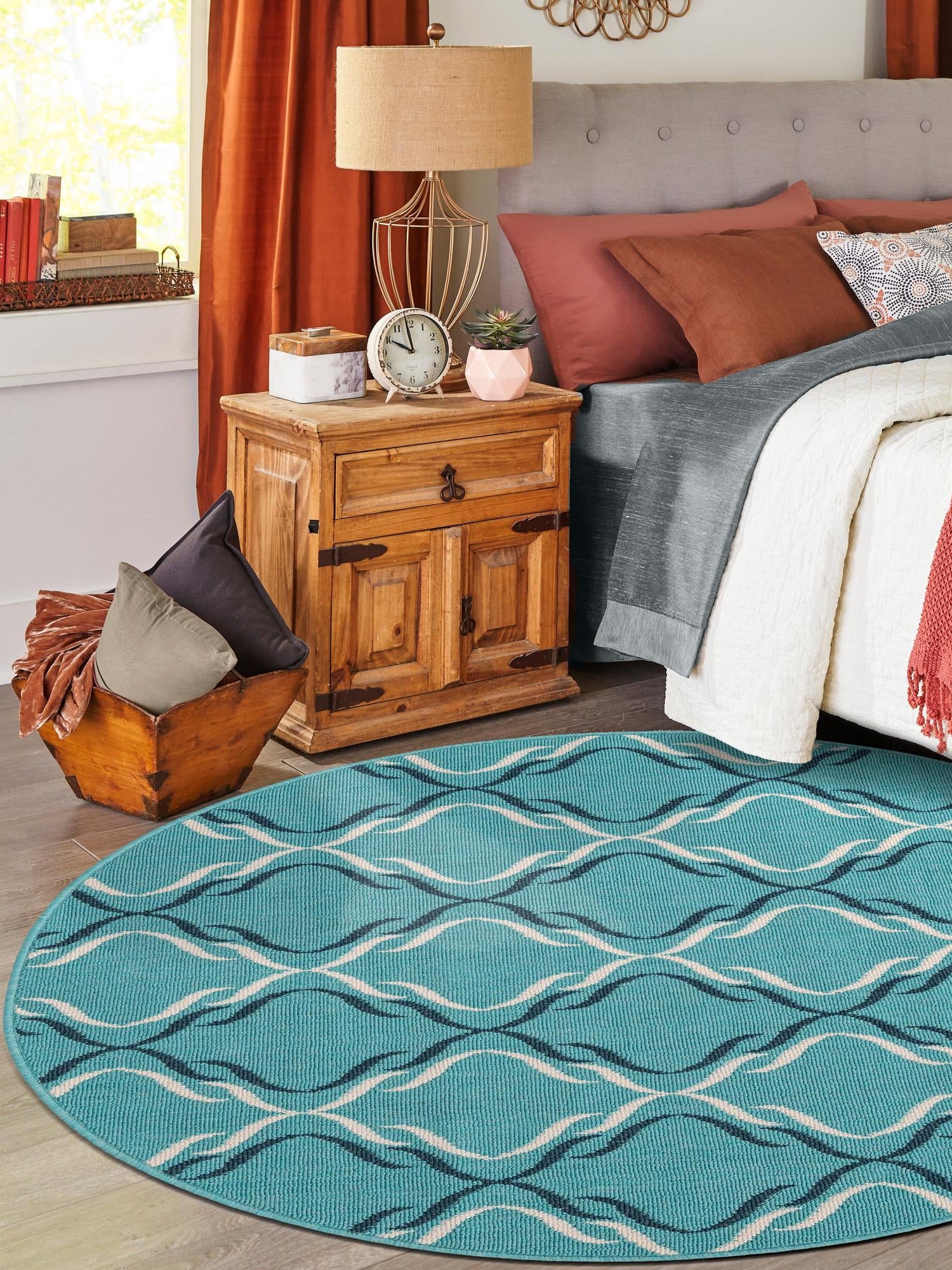 Teal 4' 1 x 4' 1 Outdoor Trellis Round Area Rug Weather Resistant for Patio, Deck, Terrace, Balcony, Porch Geometric Design Water Safe Outside Carpet for Sale at Rug Engine