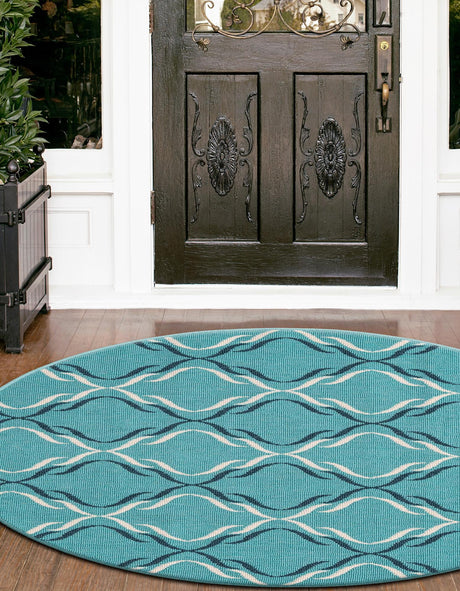 Teal 7' 1 x 7' 1 Outdoor Trellis Round Area Rug Weather Resistant for Patio, Deck, Terrace, Balcony, Porch Geometric Design Water Safe Outside Carpet for Sale at Rug Engine