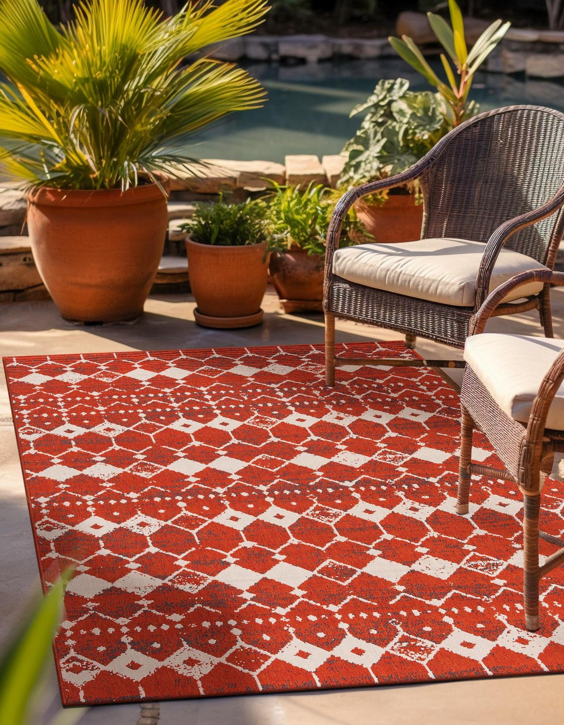 Rust Red 4' 1 x 6' 1 Outdoor Trellis Rectangle Area Rug Weather Resistant for Patio, Deck, Terrace, Balcony, Porch Geometric Design Water Safe Outside Carpet for Sale at Rug Engine