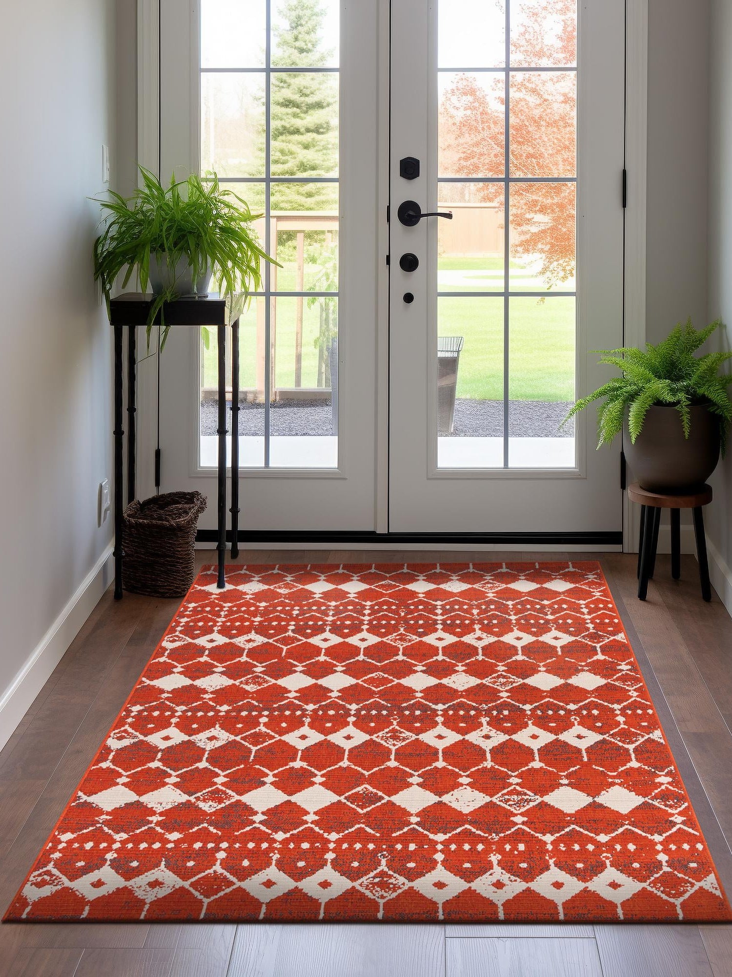 Rust Red 5' 3 x 8' Outdoor Trellis Rectangle Area Rug Weather Resistant for Patio, Deck, Terrace, Balcony, Porch Geometric Design Water Safe Outside Carpet for Sale at Rug Engine