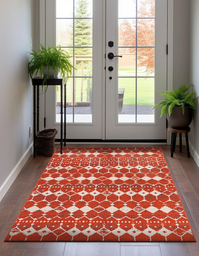 Rust Red 5' 3 x 8' Outdoor Trellis Rectangle Area Rug Weather Resistant for Patio, Deck, Terrace, Balcony, Porch Geometric Design Water Safe Outside Carpet for Sale at Rug Engine